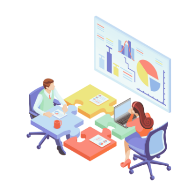データ分析・Web解析のイメージイラスト。2人のビジネスパーソンがデスクで作業し、背景にグラフやチャートが表示された大きな画面がある3Dアイソメトリックデザイン