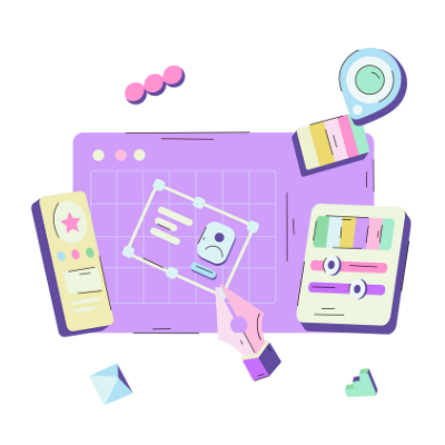 Webデザイン・UI/UX設計のイメージイラスト。紫色のブラウザ画面を中心に、左右にスマートフォンとタブレットが配置され、手がワイヤーフレームを指している3Dスタイルのデザイン