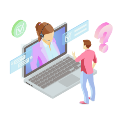 オンラインサポート・カスタマーサービスのイメージイラスト。ノートパソコン画面からヘッドセットを着けた女性オペレーターが現れ、男性ユーザーが手を上げて質問している3Dアイソメトリックデザイン