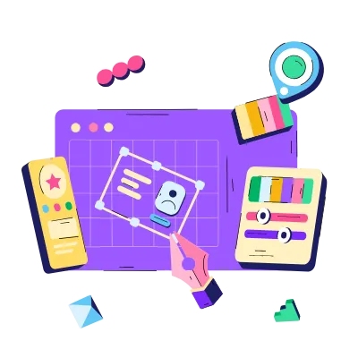 Webデザイン・UI/UX設計のイメージイラスト。紫色のブラウザ画面を中心に、左右にスマートフォンとタブレットが配置され、手がワイヤーフレームを指している3Dスタイルのデザイン