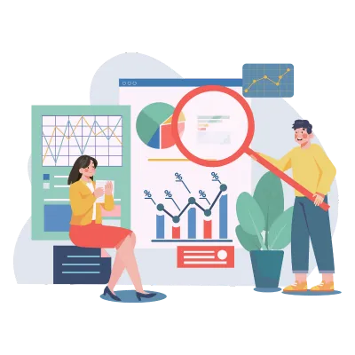 データ分析・市場調査のイメージイラスト。左側で女性がグラフを確認し、右側で男性が虫眼鏡を持ってデータを詳しく調べている様子を描いたフラットデザイン