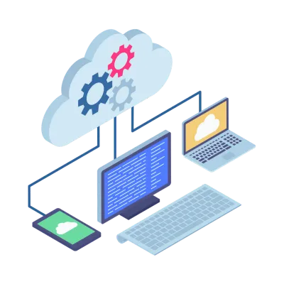 クラウドコンピューティング・IT技術のイメージイラスト。雲の中に歯車アイコンがあり、下部にデスクトップPC、ノートパソコン、スマートフォンが接続線で結ばれた3Dアイソメトリックデザイン