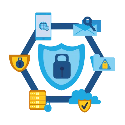 サイバーセキュリティ・情報セキュリティのイメージイラスト。中央の青い盾と鍵のアイコンを囲むように、スマートフォン、メール、サーバー、クラウドなどのIT要素が配置されたフラットデザイン