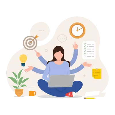 マルチタスク・生産性向上のイメージイラスト。青い服の女性がノートパソコンの前に座り、複数の腕で同時に様々な作業（時計、電球、ターゲット、書類など）を行っているフラットデザイン