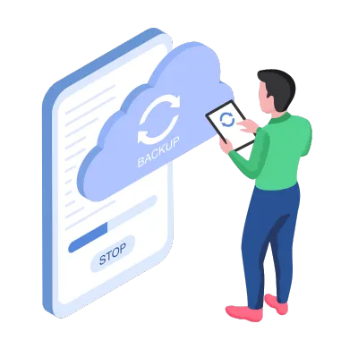 データバックアップ・クラウドストレージのイメージイラスト。大きなスマートフォン画面に「BACKUP」と表示されたクラウドアイコンがあり、緑のシャツを着た男性がタブレットで操作している3Dアイソメトリックデザイン