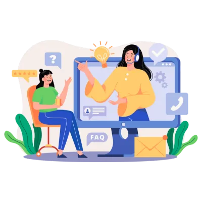 オンラインサポート・FAQサービスのイメージイラスト。ノートパソコン画面から黄色い服の女性が現れ、左側の緑の服を着た女性ユーザーと対話している様子を描いたフラットデザイン