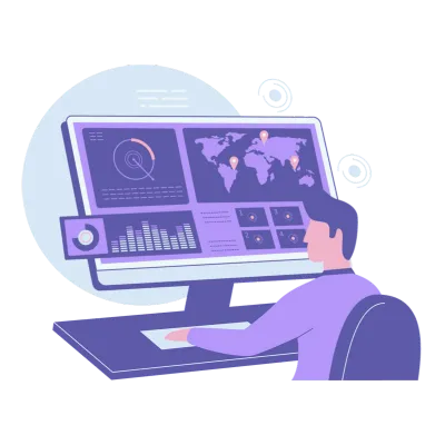 Webアナリティクス・データ分析のイメージイラスト。紫色の服を着た男性がデスクトップモニターに表示された各種グラフやダッシュボードを確認している様子を描いたフラットデザイン